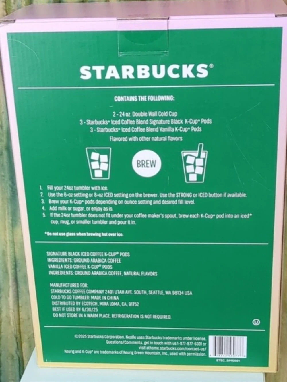 Starbucks 24 oz Tumbler Set & 6 Iced Coffee K-Cup Pods In Pink Tones